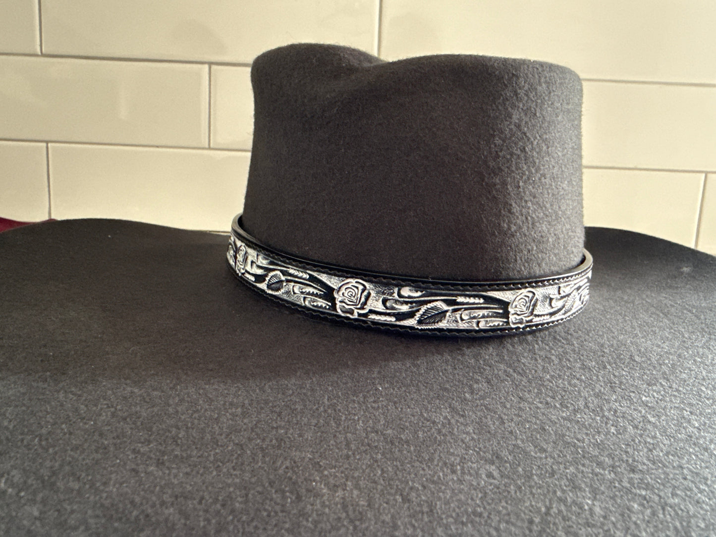 Western Tooled Leather Hat Band - Roses